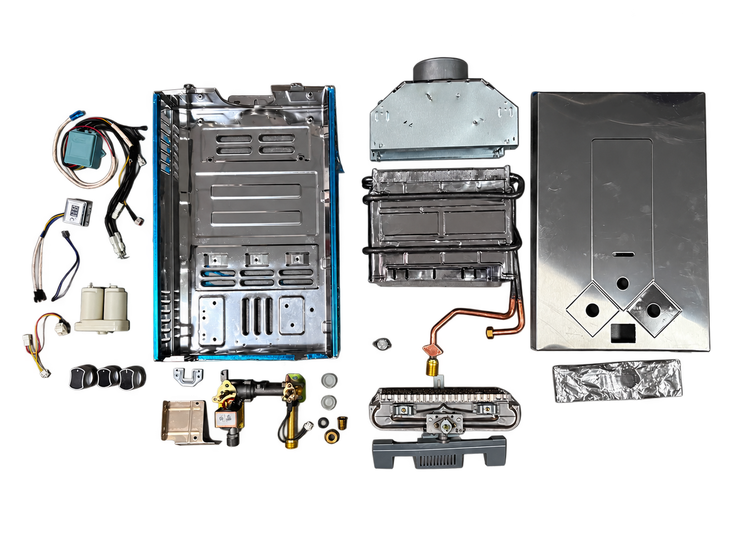 Complete 6 litre gas water heater CKD component set arranged for identification